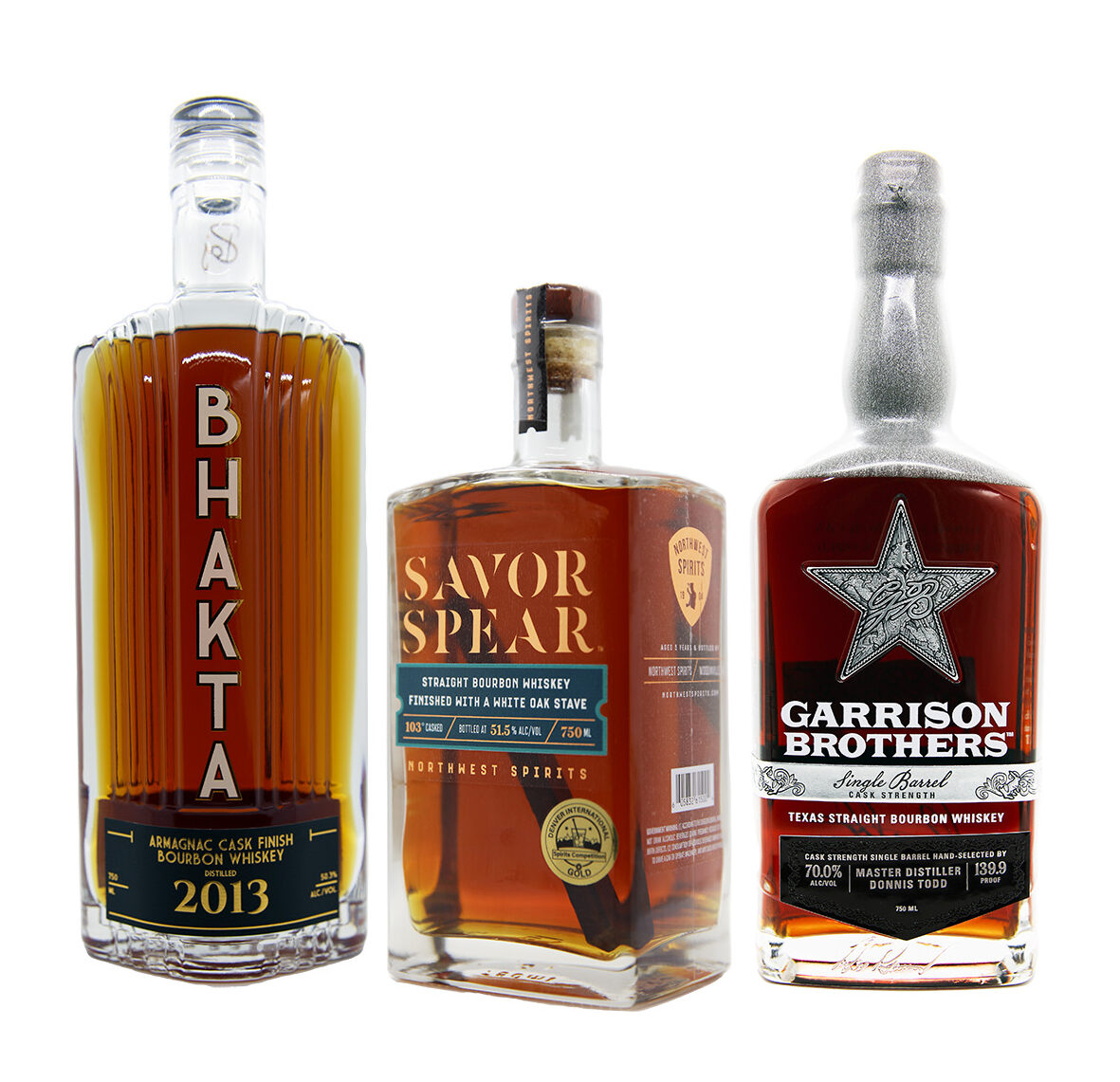 Best of Show-First Place, Savor Spear Straight Bourbon Whiskey (Middle) Best of Show-Second Place, BHAKTA 2013 Bourbon, (Left) Best of Show-Third Place, Garrison Brothers Single Barrel Cask Strength (Right)